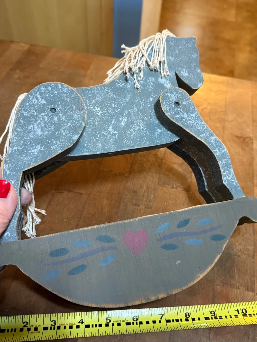Vintage 90’s Folk Art Handcrafted Blue Wooden Rocking Horse Home Decor
